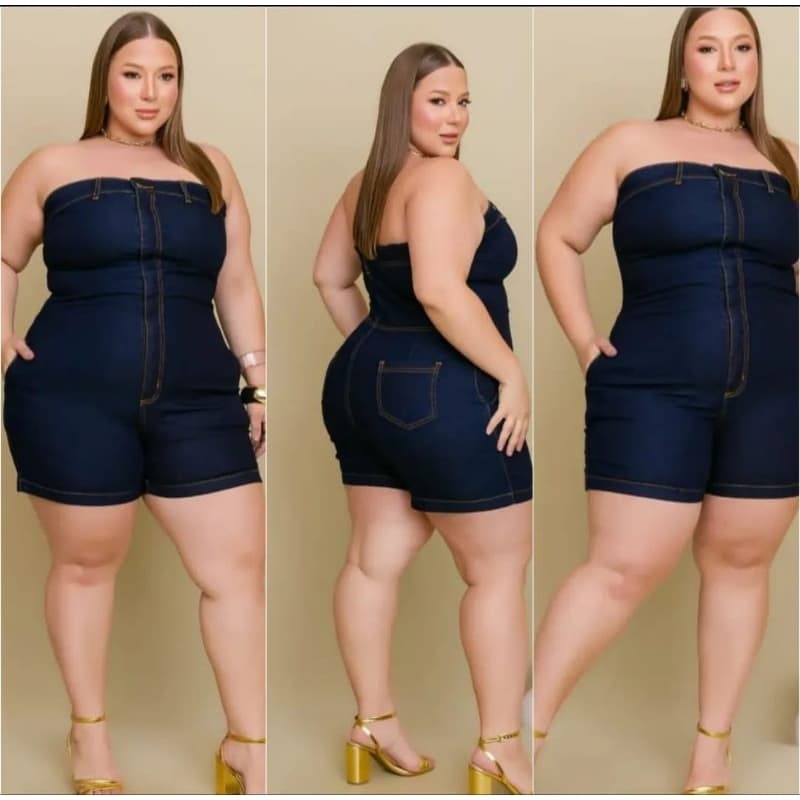 Macacão Jeans Feminino com Laycra Tamara que Caia plus Size Moda verao 50/52/54/56