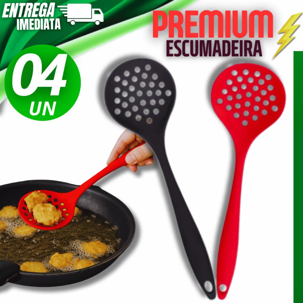 Jogo 04 Escumadeira Silicone Linha Premium Resistência Durabilidade Suporta Altas Temperaturas 230º