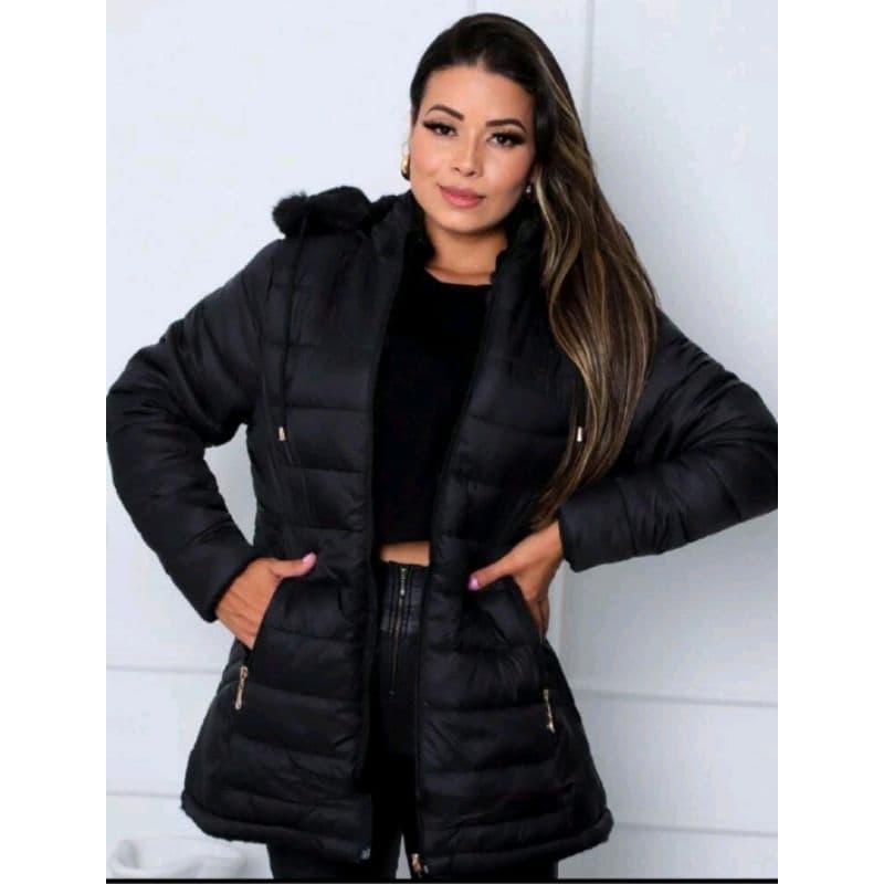Parka Jaqueta Nylon Forrada Peluciada com capuz outonono e inverno