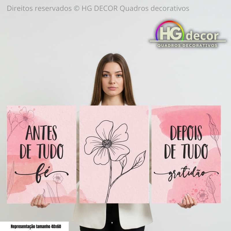Kit Quadros Antes de Tudo, Depois de tudo Fé Gratidão Floral Aquarela – Conjunto Decorativo 3 Peças Rosa
