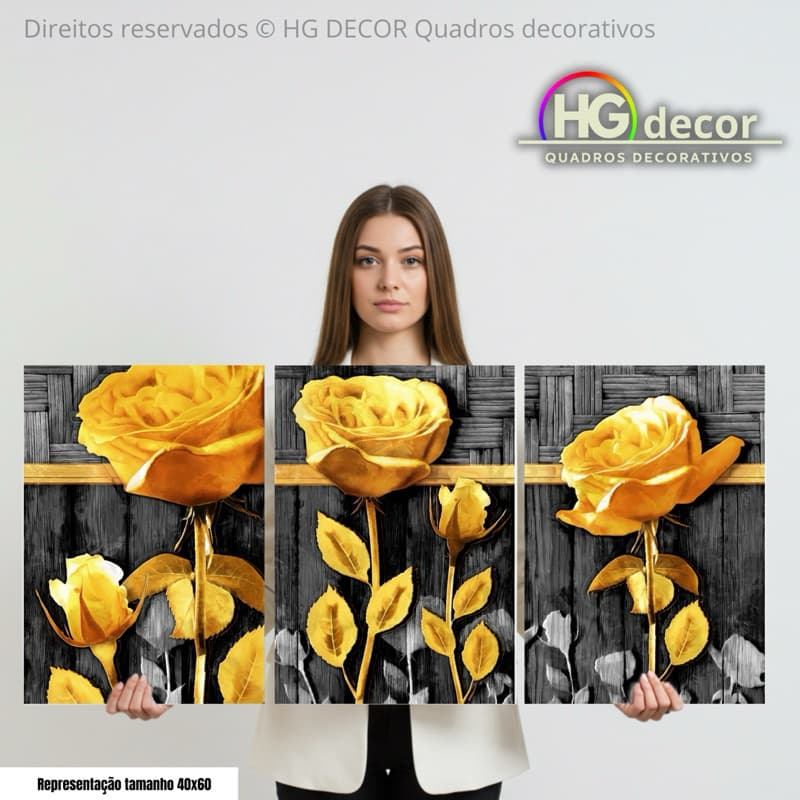 Kit 3 Quadros Rosa Dourada • Arte Floral Realista • Decoração com Impacto Visual