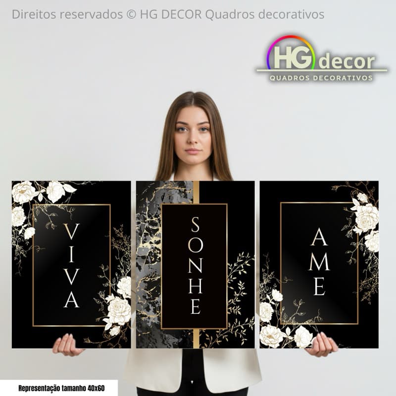 Kit de Quadros Viva Sonhe Ame – Quadros Decorativos Luxo Preto e Dourado 3 Peças