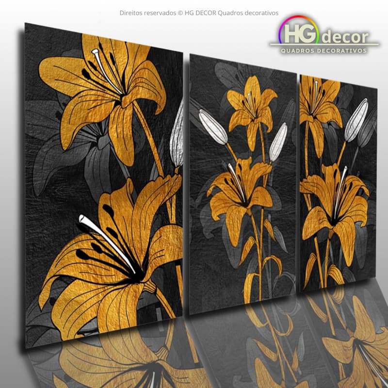 Kit Quadros Flores Douradas • Arte Floral Texturizada • Quadro Decorativo Impactante