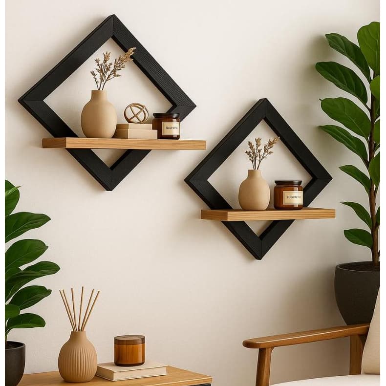 Prateleira Decorativa quadro losango 40cm kit com/2 unidades  Suporte c/ prateleiras nicho Organizador fotos enfeites.