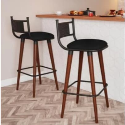 Banqueta Estofada Alta Com Pés De Madeira Lily