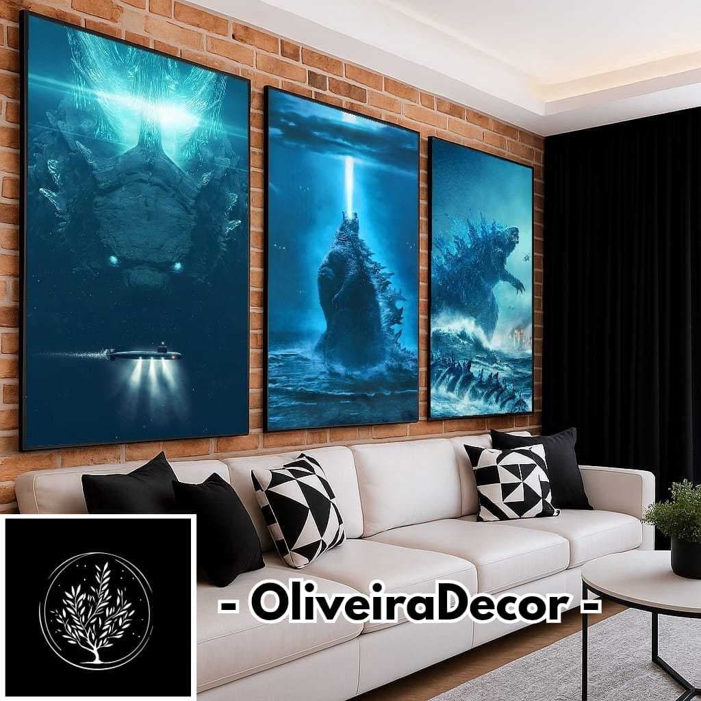 KIT QUADROS DECORATIVOS GEEK FILME GODZILLA CORES AZUL 3 PEÇAS DECORAR SALA QUARTO ESCRITORIO
