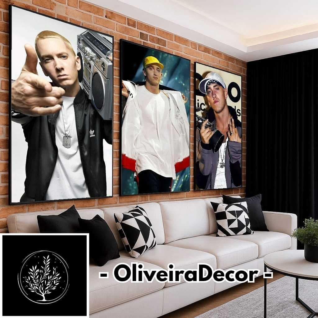 KIT QUADROS DECORATIVOS CANTOR EMINEM ARTISTA MUSICA  3 PEÇAS DECORAR SALA QUARTO ESCRITORIO