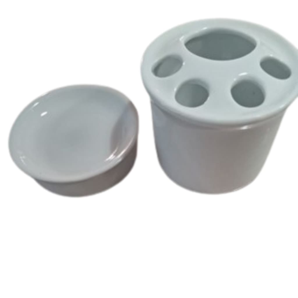 Kit higiene pessoal banheiro 2 peças - Porta sabonete  e Porta escova de dente - Porcelana Branca