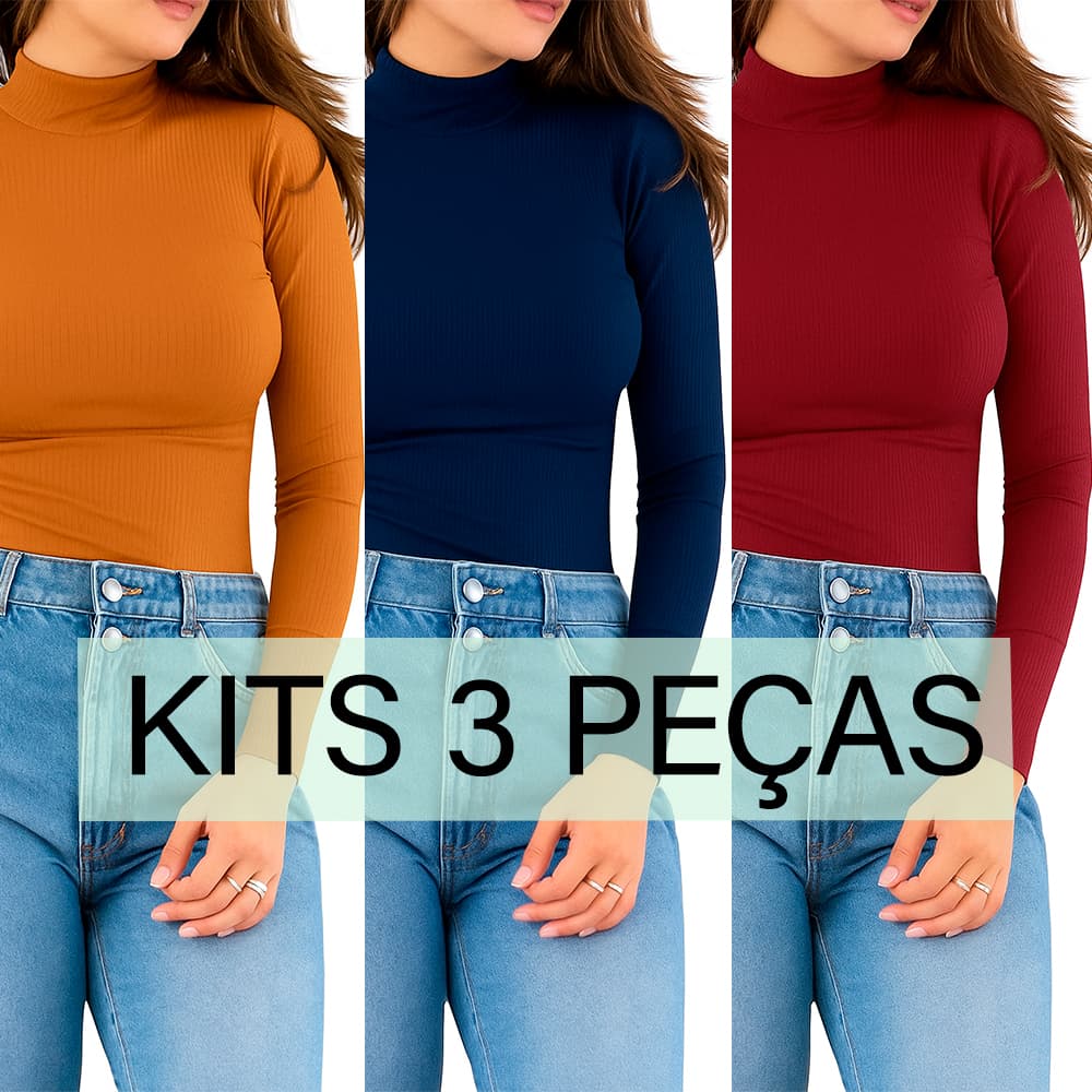 Kit 3 Blusas Femininas Caneladas Gola Alta Manga Longa | Básica Inverno Look Justo