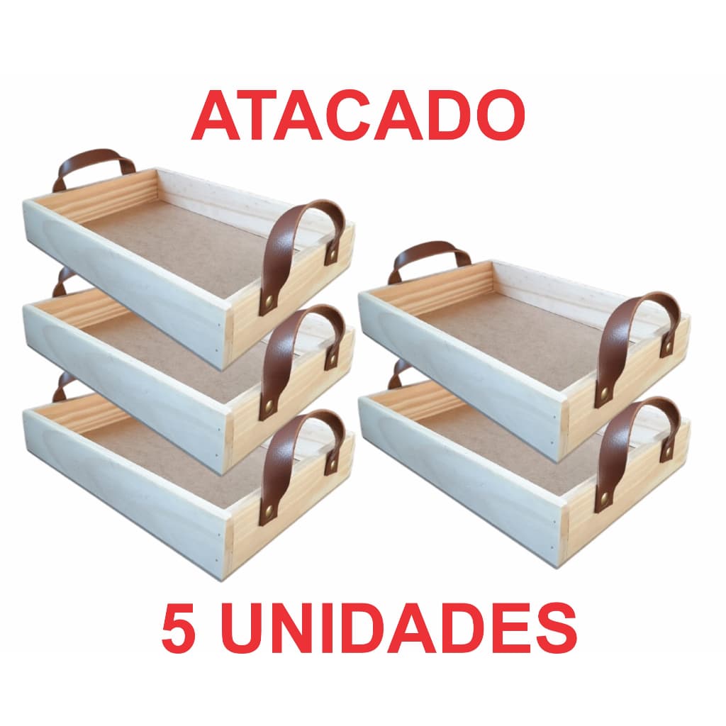 KIT 5un Milão bandeja 32x22x5cm - PERSONALIZAÇÃO em madeira pinus com alça em couro