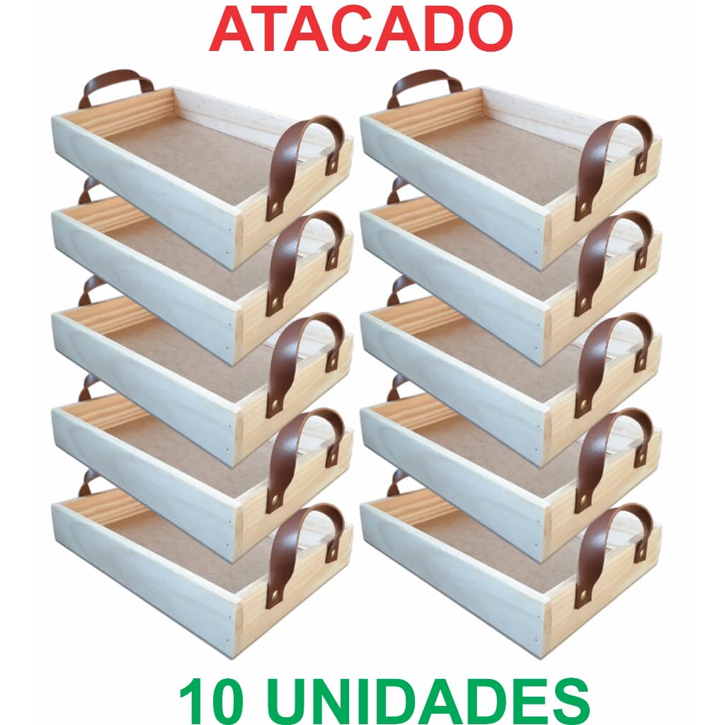 KIT 10un - Bandeja Milão em pinus com alça em couro - PERSONALIZAÇÃO altura 5cm