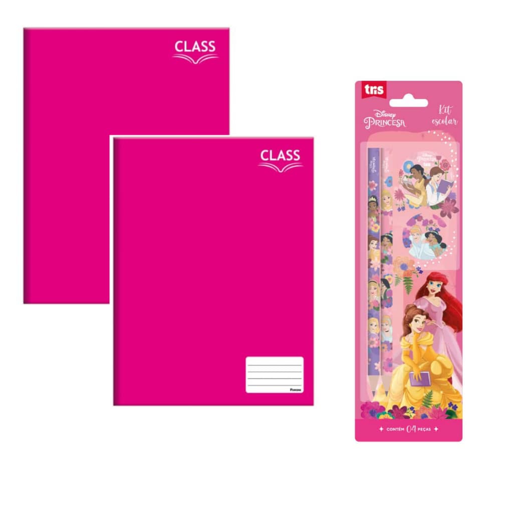 Caderno Brochura Pequeno Rosa Foroni + Kit escolar princesas