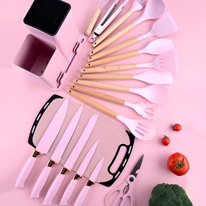 Kit 19 Peças Utensílios Cozinha Silicone Conjunto Facas Tábua Colher Espátula Fouet Madeira