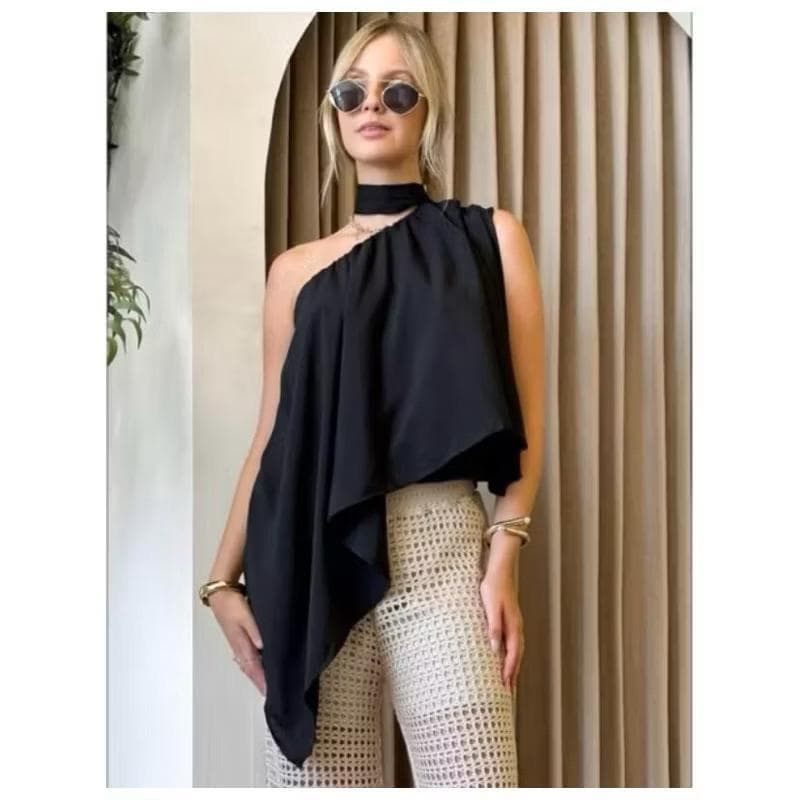 Blusa de Bico Feminina Choker Assimétrica Sem Mangas