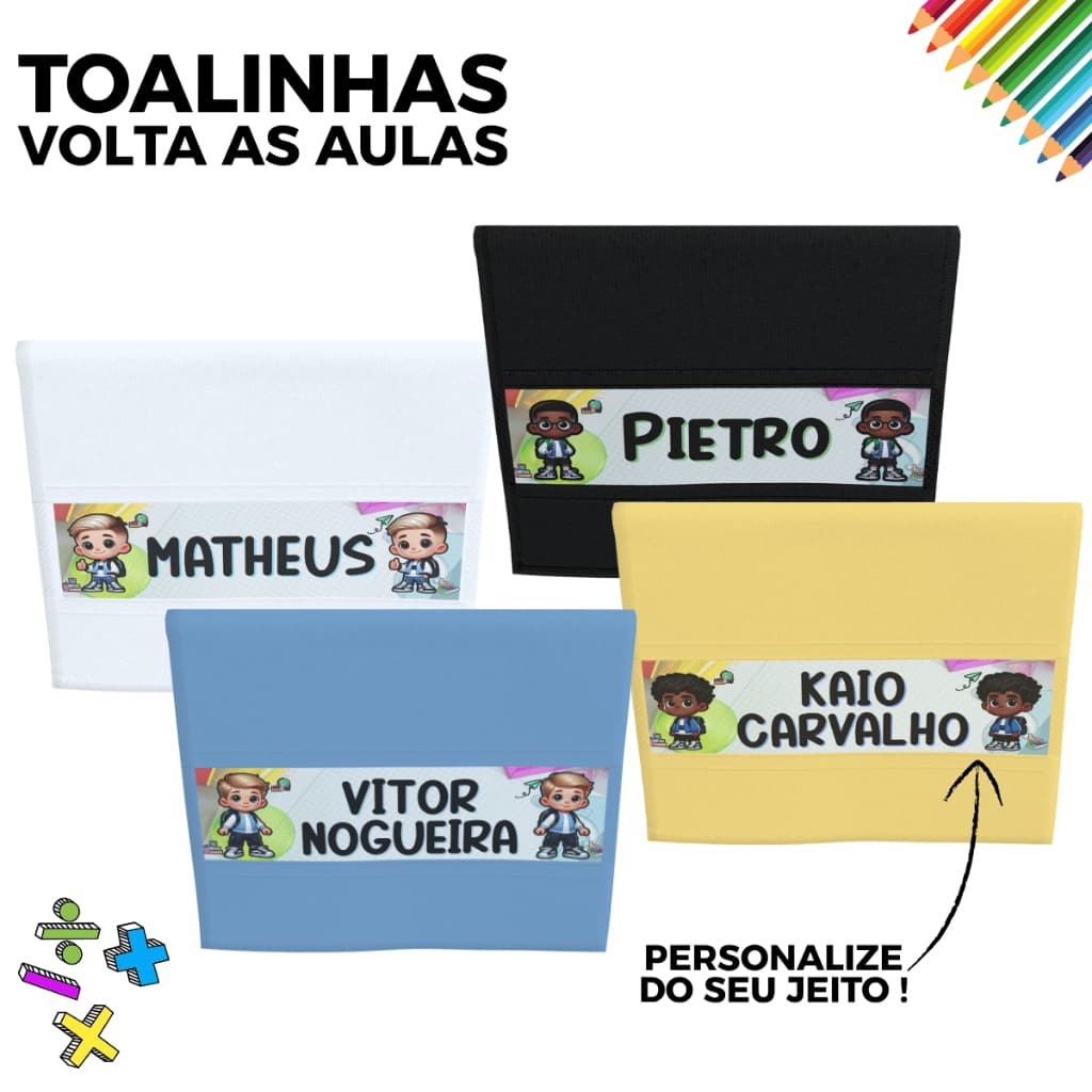 Kit 3 ou 5 Toalhinhas Personalizadas com Nome Infantil Estampadas Creche Escola Aula Higiene Volta Aulas