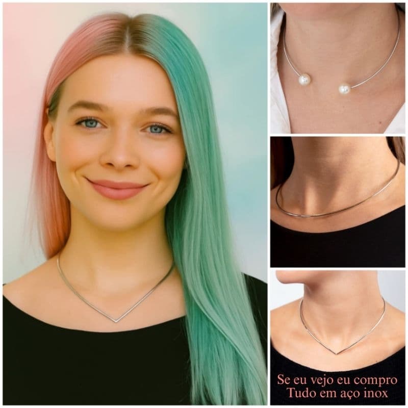 Choker fio aro V aço inox cirúrgico colar gargantilha minimalista prata antialérgica pérola