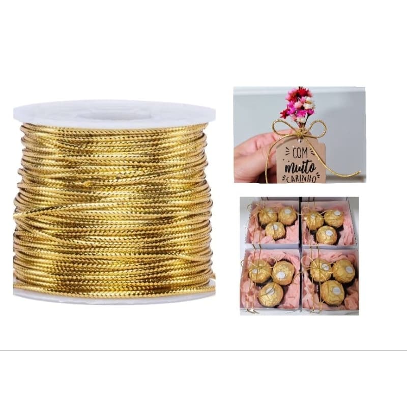 Fio Cordão Metalizado Dourado, 1,0mm e 1,5mm com 50 metros