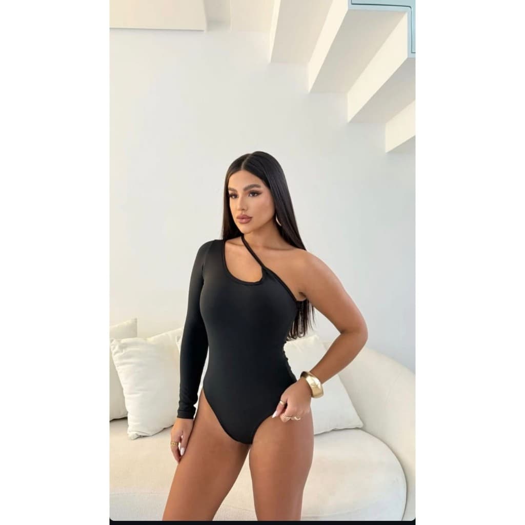 Body  Bella moda gringa mula manca,Body recortes manga longa um ombro só poliamida Noronha