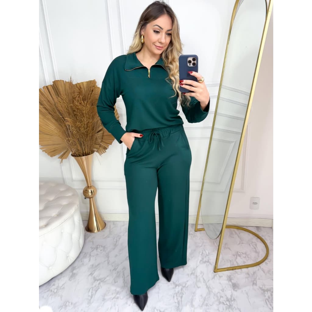 Conjunto Moletinho blusa manga longa zíper gola polo e calça wide leg bolso, pantalona inverno feminino premium conforto