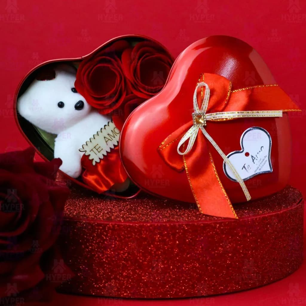 Coração Lata Feliz Dia Te Amo Com Rosa Perfumadas E Urso De Pelúcia Super Fofo Presente Lembrancinha