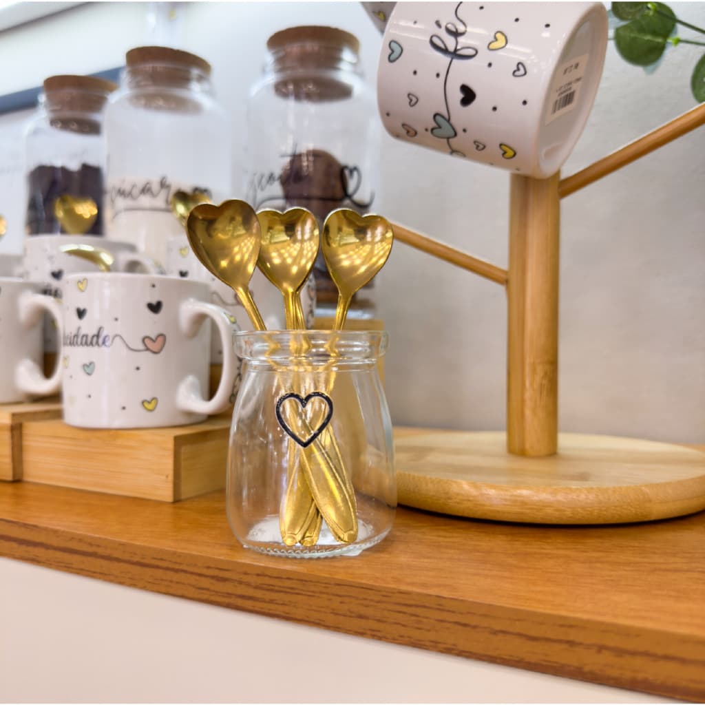 Kit com 4 colherzinhas de café e porta-colherzinhas de vidro coração - colher de chá - colher de sobremesa