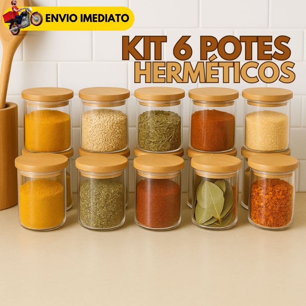 Kit 6 Potes de Vidro 200ml com Tampa de Bambu Hermético à Prova de Odores Redondos