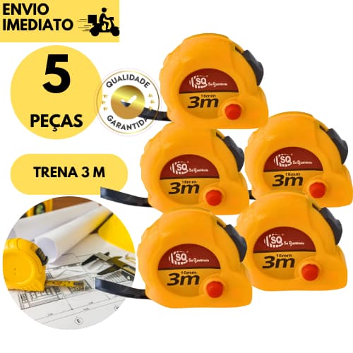 Kit com 5 Trenas de 3 Metros Trava e Clipe Medição Precisa para Obras Pedreiro Ajudante