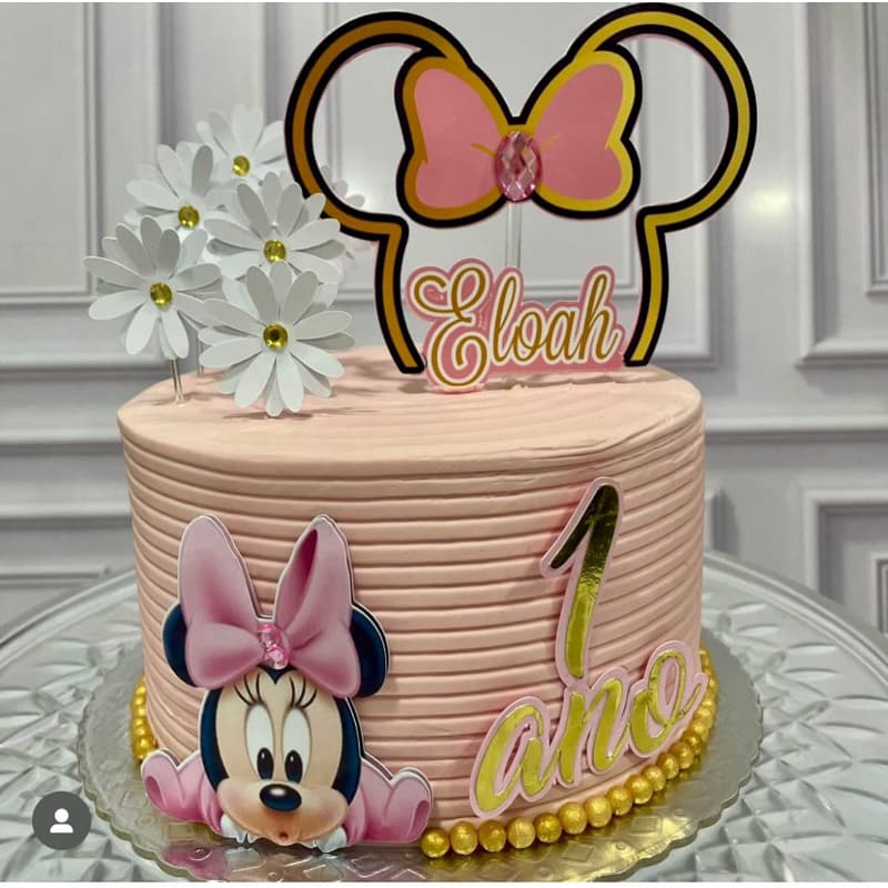 Topo de bolo Minnie rosa com dourado personalizado com nome e idade