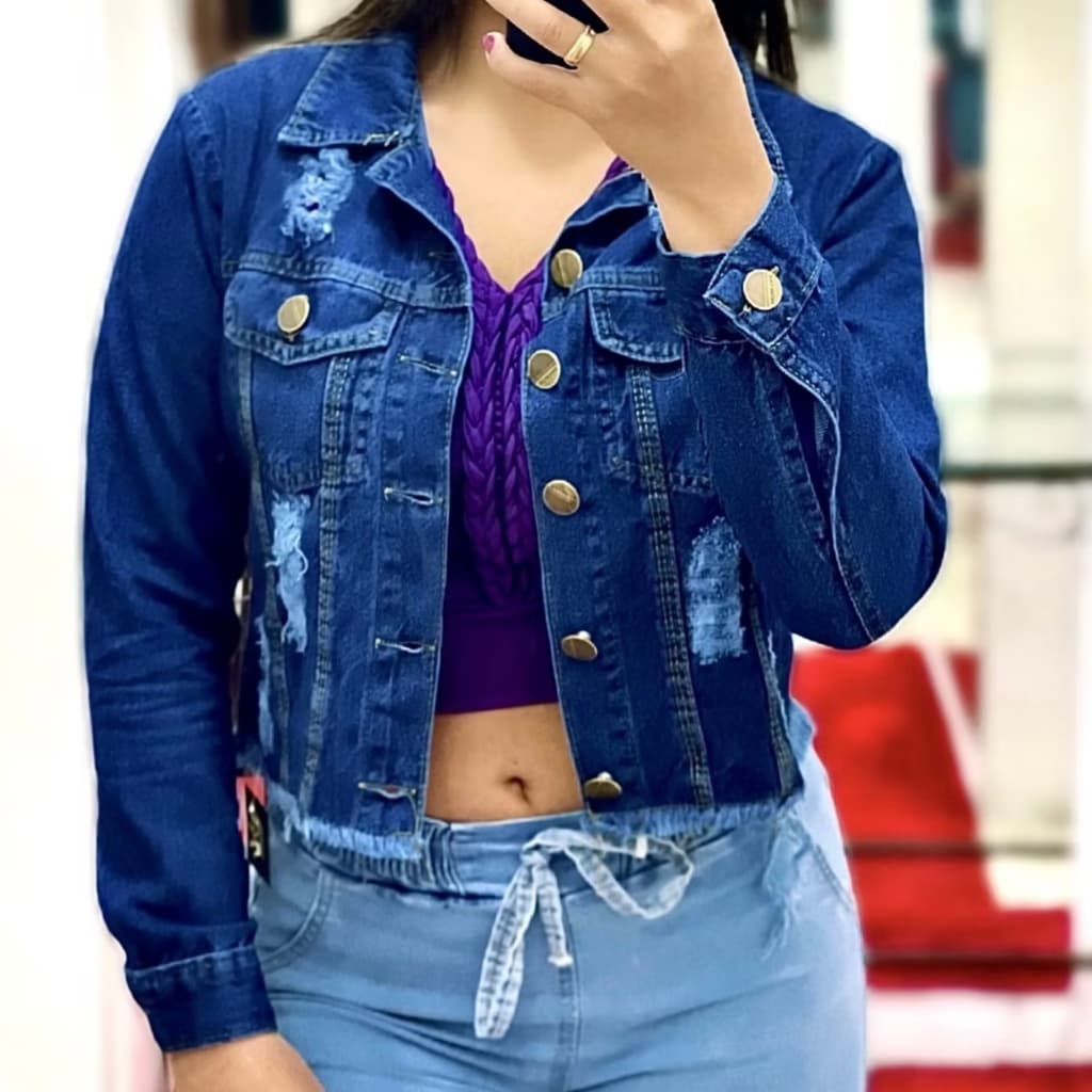 Jaqueta Jeans Feminina Desfiada com Destroyed Linha Premium Denim