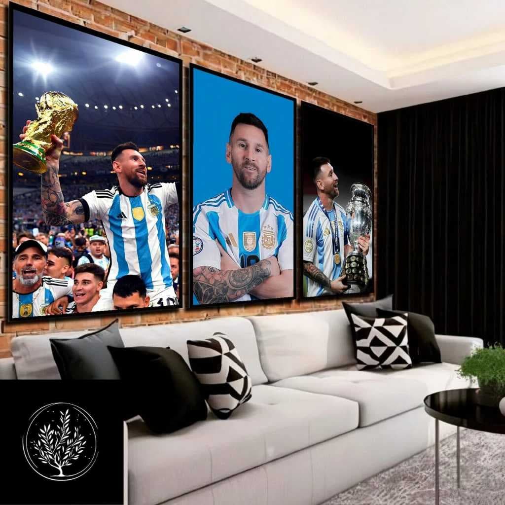 KIT QUADROS DECORATIVOS JOGADOR LIONEL MESSI FUTEBOL ESPORTE 3 PEÇAS DECORAR SALA QUARTO ESCRITORIO
