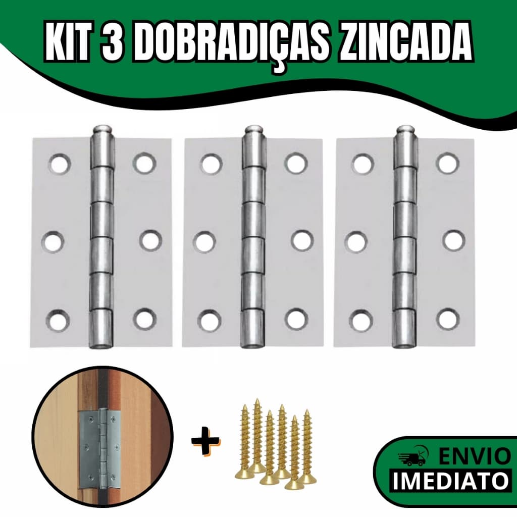Kit 3 Dobradiça Zincada Com Parafuso Para Porta De Madeira Resistente Janela Móveis