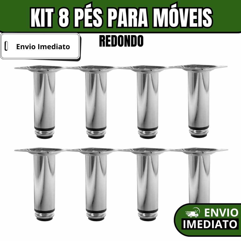 Kit 8 Pés Cromados para Móveis Redondos e Regulável - 8cm, 10cm, 12cm, 15cm, 20cm