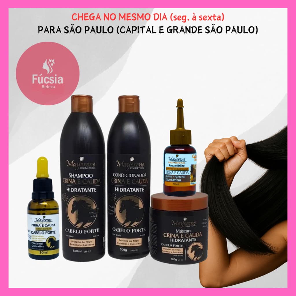 Kit Crina e Cauda Shampoo, Condicionador, Máscara, Reparador de Pontas e Sérum Capilar