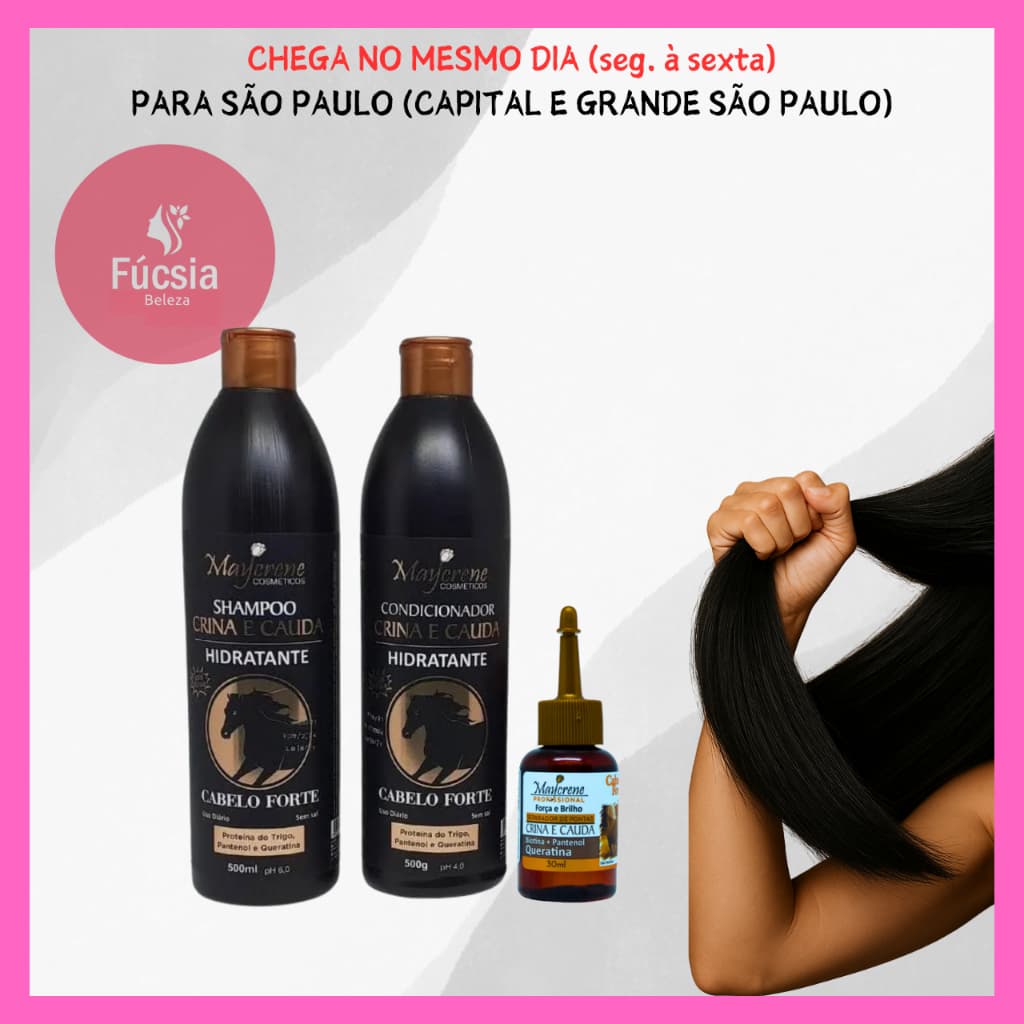 Kit Crina e Cauda Shampoo, Condicionador e Reparador de Pontas Maycrene