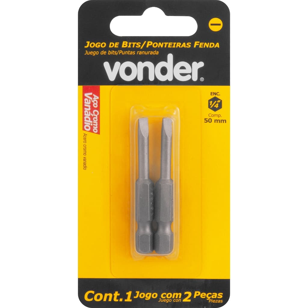 Ponteira Bits Fenda Encaixe Sextavado 1/4" x 50 mm 2 Peças Parafusadeira Furadeira Profissional VONDER