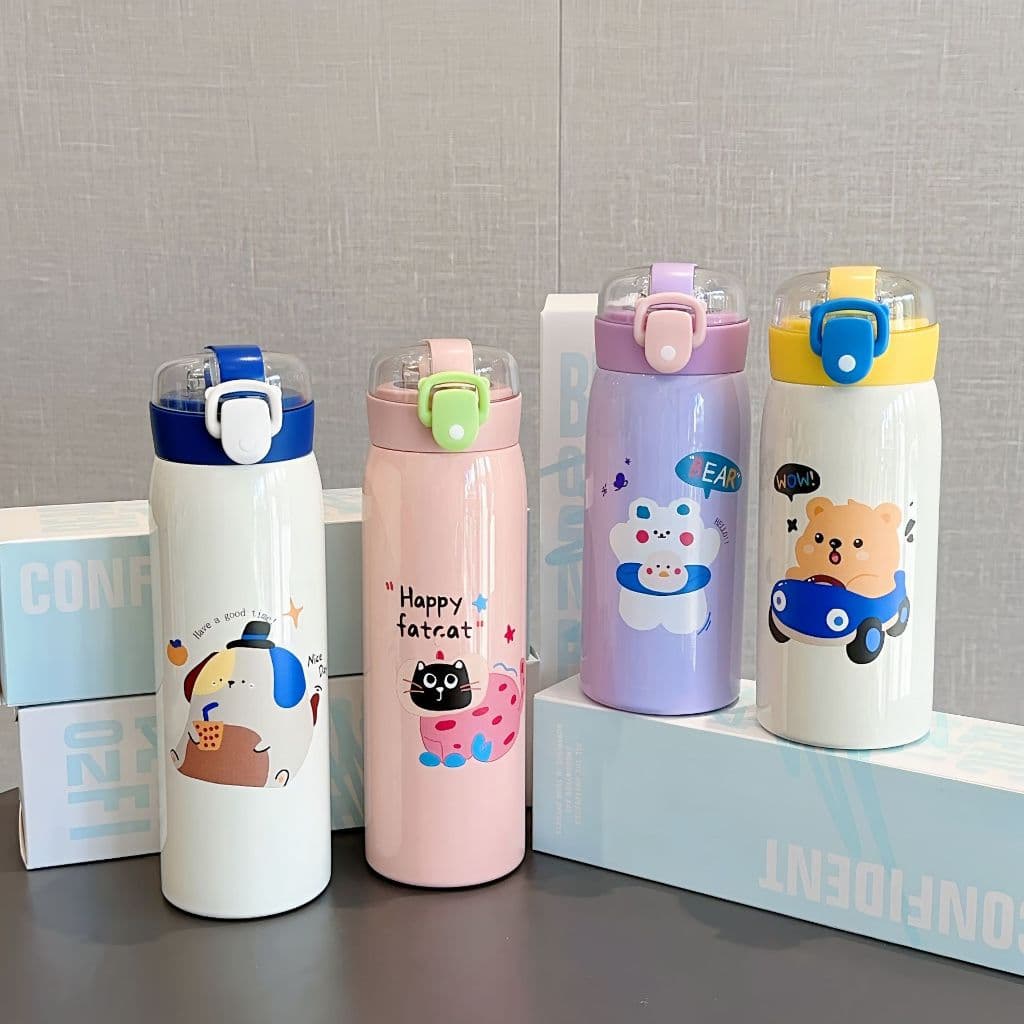 Garrafa Térmico em Aço Inox com Canudo e Desenho Kawaii Garrafa de Água 550ML