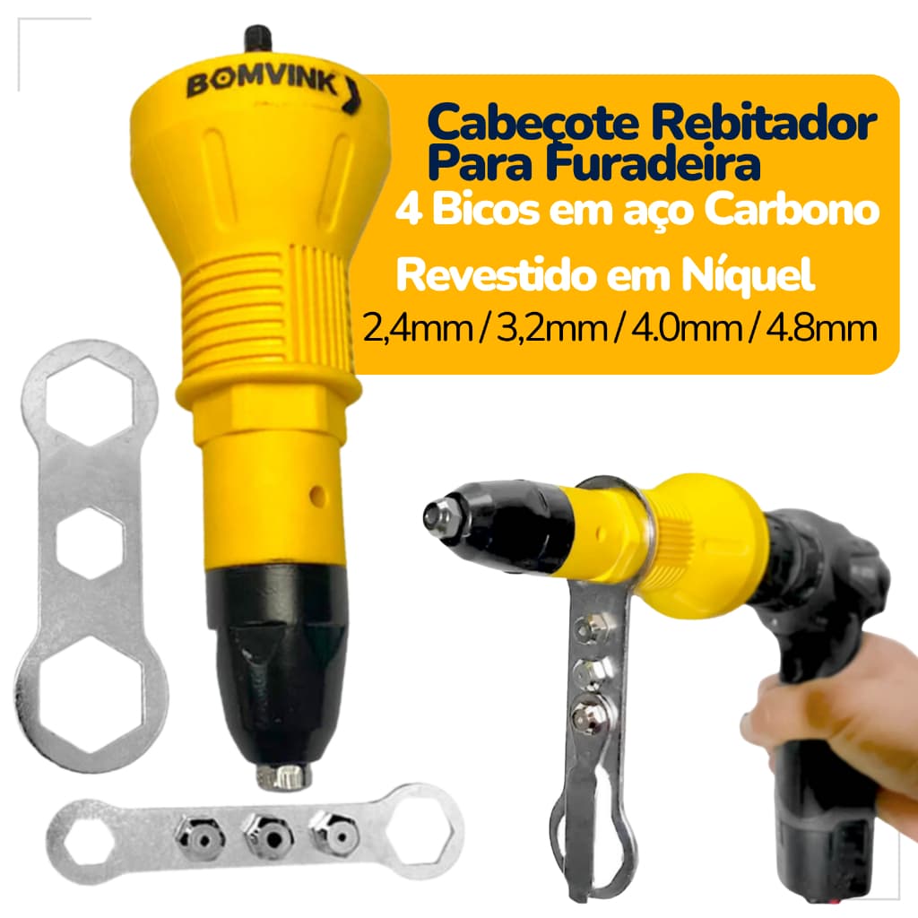 Cabeçote Rebitador Universal Para Furadeira Com 4 Bicos e Chaves Alta Durabilidade Uso Profissional