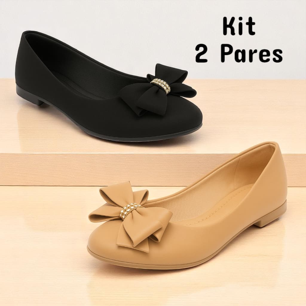 Kit 2 Pares Sapatilha Feminina Nude Preta Vermelha  Confortável Leve Casual Macia Dia a Dia