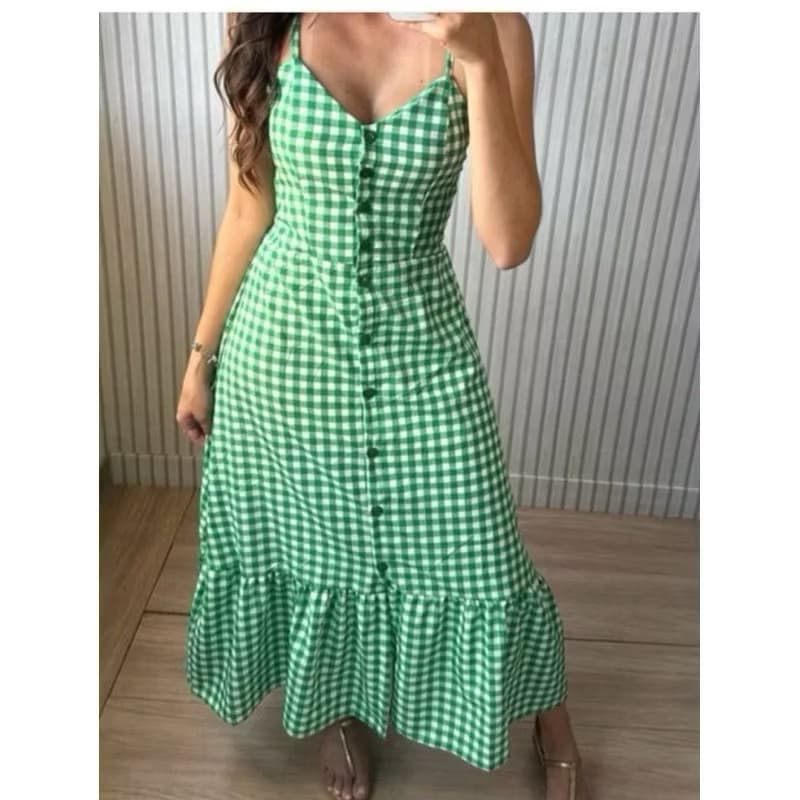 Vestido longo xadrez Crepinho com botões H-1