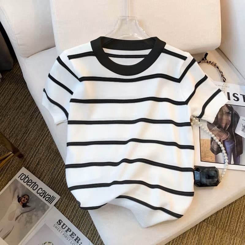 Blusa Camiseta Feminina listrada Basica Manga Curta Algodão premium