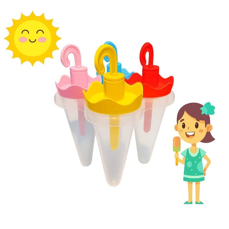 Forma de Picolé Infantil 4 Cavidades Colorida | Molde Sorvete Caseiro Guarda-Chuvinha Divertido Livre de BPA Original