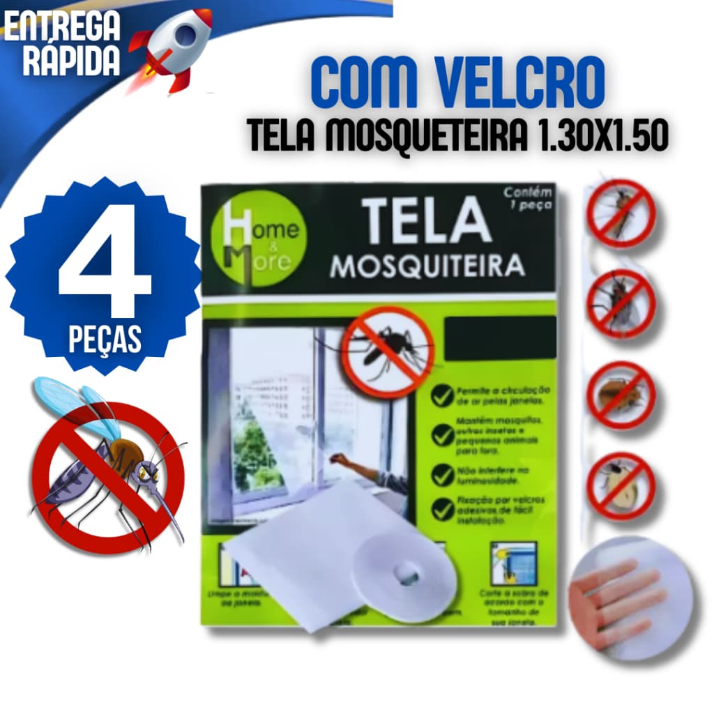 Kit 4 Tela Mosquiteiro Janelas Proteção Insetos Fita Fixadora Mosquito Mosqueteira 1.30x1.50