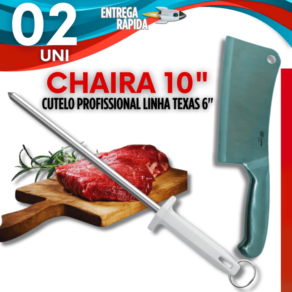Cutelo Profissional 6 + Chaira Amolador Estriada 10 Açougueiro Cozinha Entre as Melhores Facas