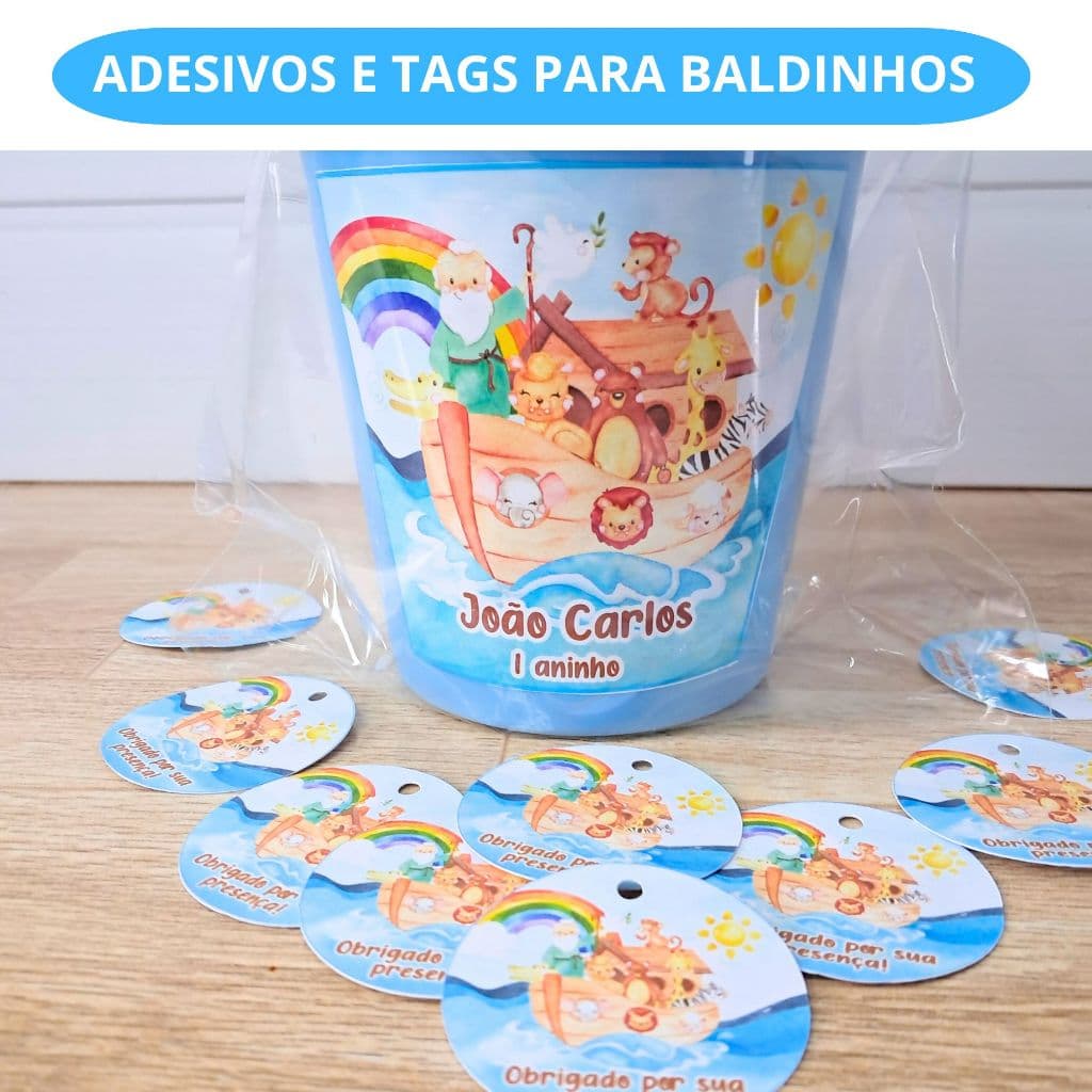 Adesivos e  Tags para Lembrancinhas - Tema Arca de Noé Personalizado - Adesivo para baldinho de pipoca de 1 L
