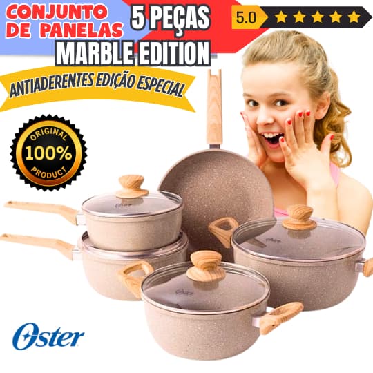 CONJUNTO JOGO DE PANELAS OSTER MARBLE EDITION 5 PEÇAS CINZA | ANTIADERENTE, INDUÇÃO E SOFISTICAÇÃO