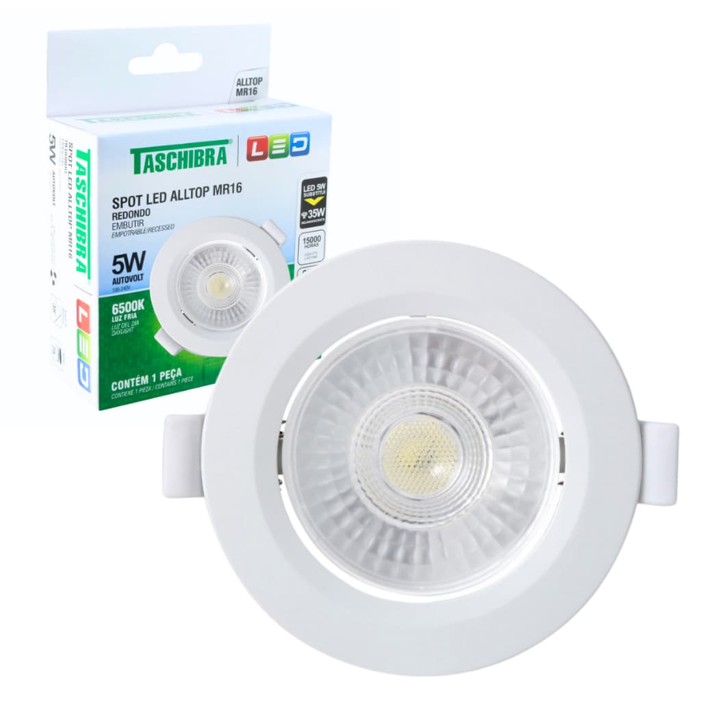 Luminária Teto Spot Led 5W Embutir Redondo Sala Quarto Cozinha 3000K 4000K 6500K Bivolt Taschibra