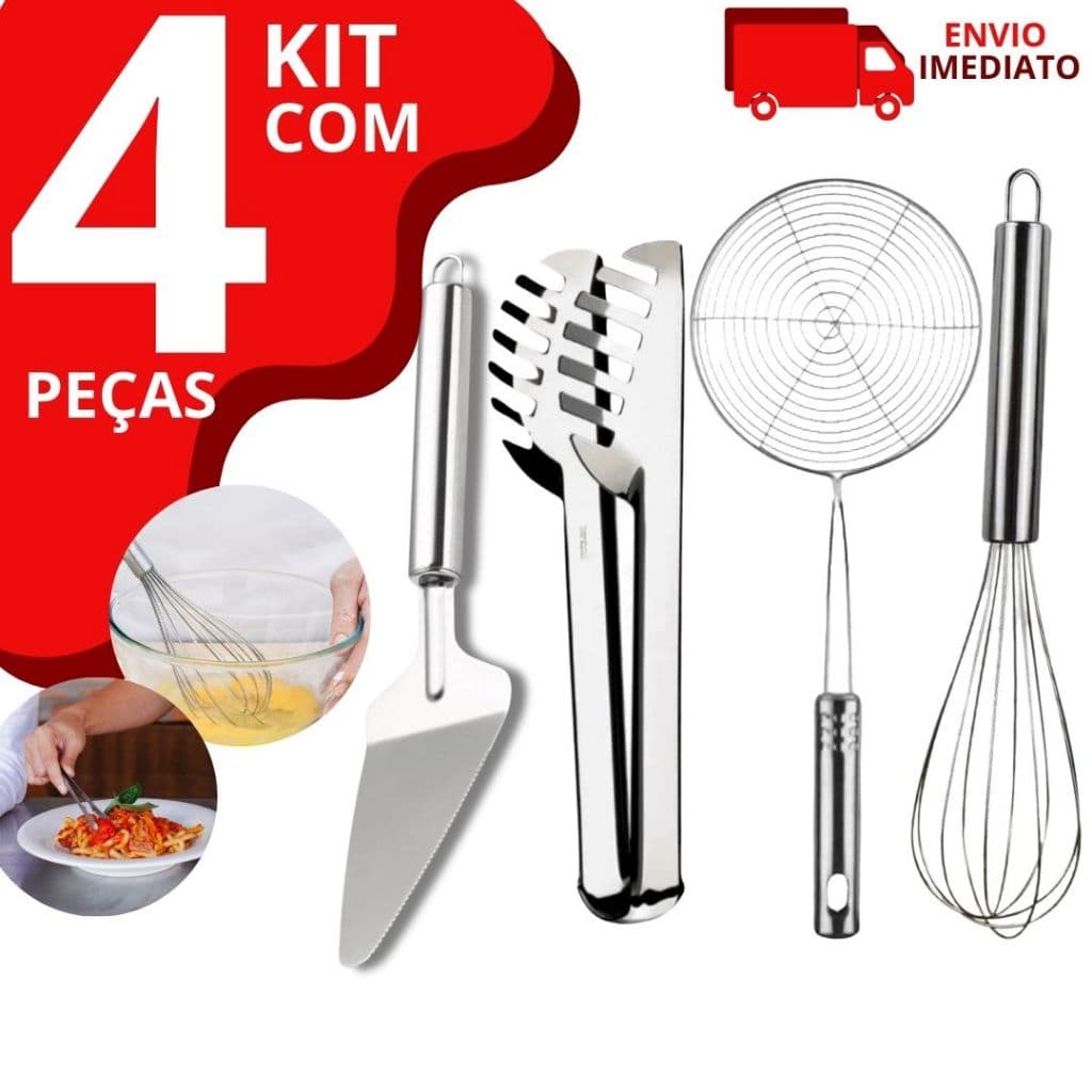 Escumadeira De Fritura Pegador De Massas Espátula Para Bolo e Batedor de Ovos Inox