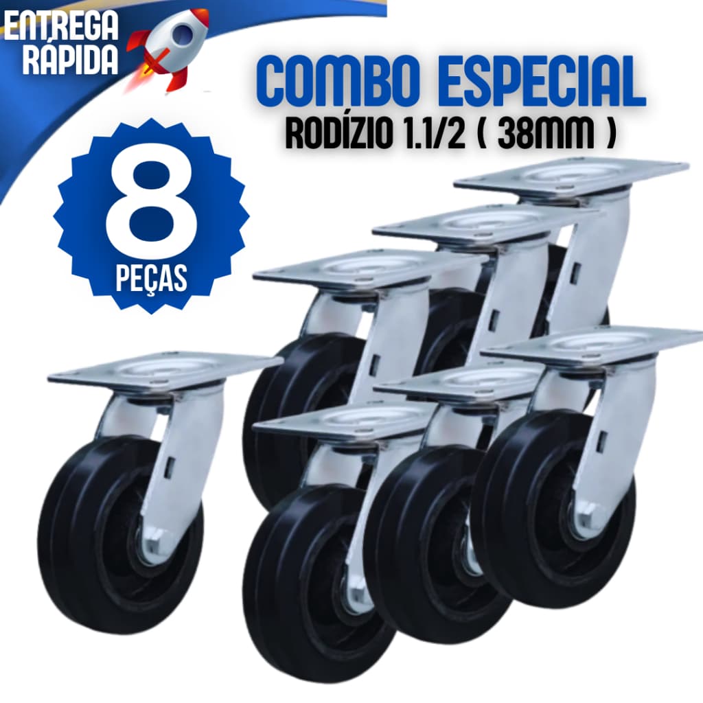 Kit 8 Rodas Rodizio Rodinhas Giratórias Borracha Forte Peso Reforçada Anti Risco Para Moveis