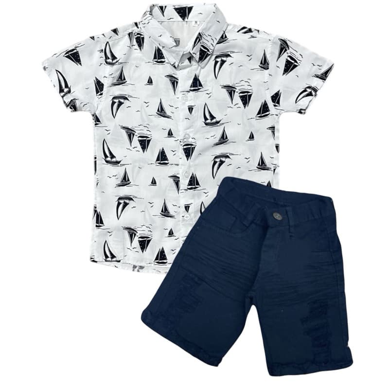 Conjunto Menino Infantil Camisa Social Veleiro Branco/Preto + Short Jeans Preto Rasgada S.M