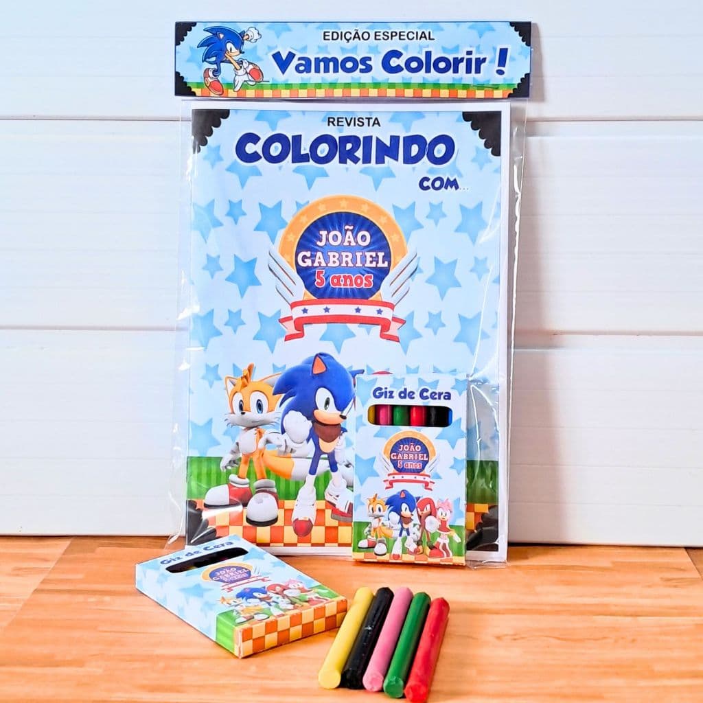 Kit de Colorir Sonic Personalizado | Livro de Colorir com Nome | Lembrancinha Aniversário | Acompanha Giz de Cera